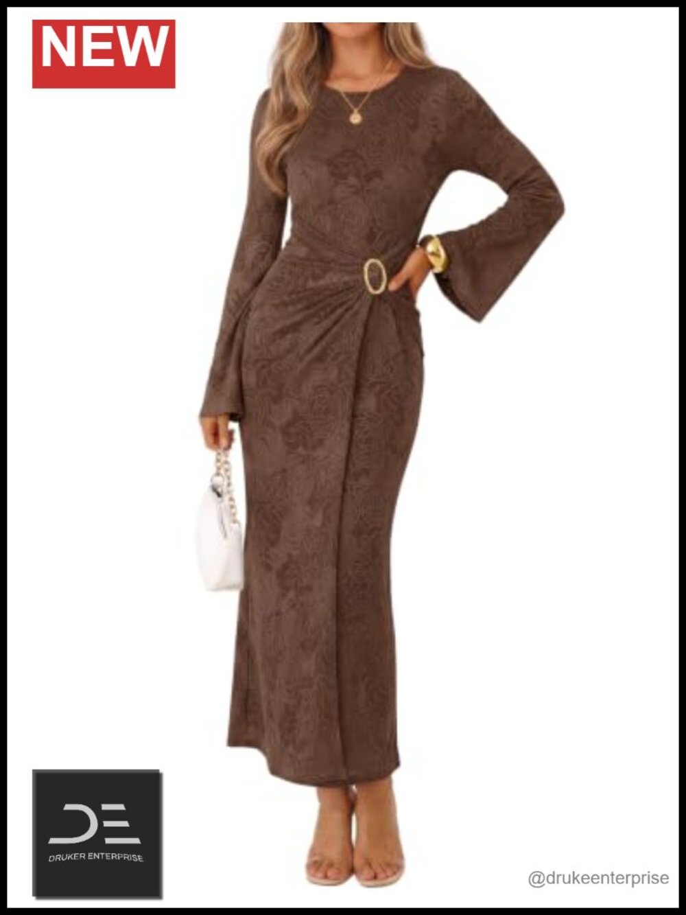 Jacquard Long Sleeve Faux Wrap Bodycon Maxi Dress